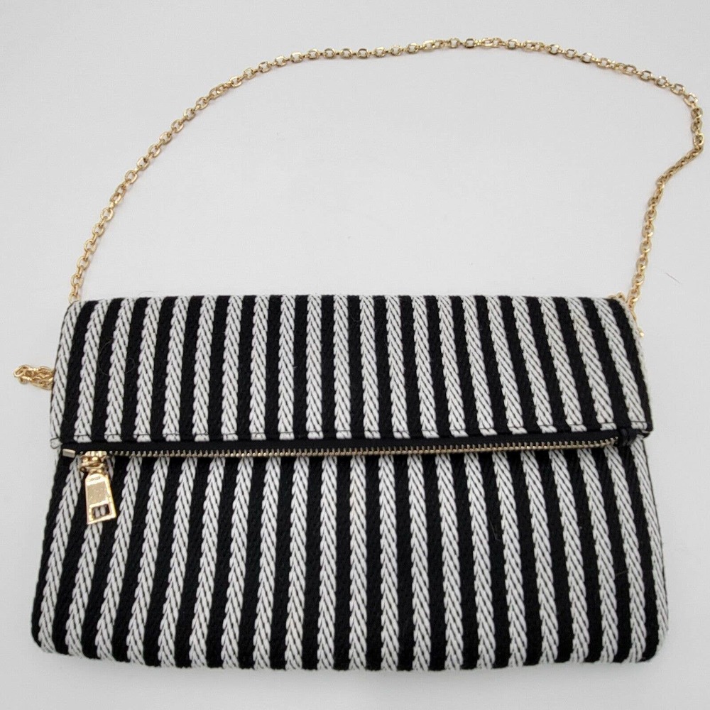 Urban Expressions Black White Striped Lined Crossbody Handbag Gold Chain Strap